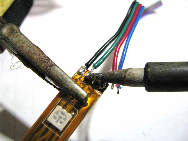 Soldering wires onto the end of RGB Flexible LED Strip