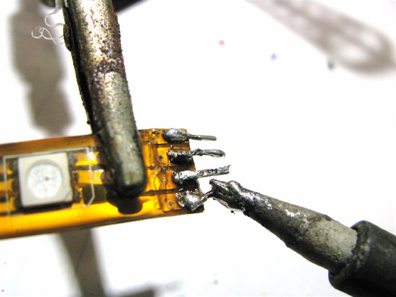 Pre tin stripped ends of wire attached to the RGB flexible LED Strip.
