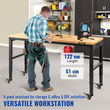 VEVOR Πάγκος Εργασίας Ρυθμιζόμενο ύψος, 122cm ΠΧ 51cm ΔΧ 104cm Υ Τραπέζι γκαράζ με 79 – 104cm Ύψος &amp; Χωρητικότητα 720KG, με Πρίζες &amp; Πάγκο από σκληρό ξύλο &amp; Μεταλλικό Πλαίσιο &amp; Περιστρεφόμενους τροχούς, για Σπίτι Γραφείου