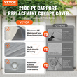 Ανταλλακτικό κάλυμμα κουβούκλιο VEVOR Carport 12 x 20 ποδιών, προστατευτικό κάλυμμα για σκηνές γκαράζ βαρέως τύπου αδιάβροχο &amp; προστατευμένο από την υπεριώδη ακτινοβολία, Εύκολη εγκατάσταση με μπάντζες μπάλας, γκρι (Μόνο επάνω κάλυμμα, δεν περιλαμβάνεται πλαίσιο)