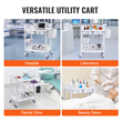 VEVOR 2 Tiers Lab Carts Κινητό ιατρικό καλάθι 2 δίσκοι 2 συρτάρια 3 κάδοι απορριμμάτων λευκό