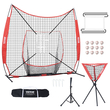 VEVOR 7x7 ft δίχτυ προπόνησης μπέιζμπολ σόφτμπολ, φορητό δίχτυ προπόνησης μπέιζμπολ για χτυπήματα, εξοπλισμός οπίσθιας πλάκας με πλαίσιο τόξου, τσάντα μεταφοράς, ζώνη κρούσης, 12 μπάλες, μπλουζάκι και συλλέκτης μπάλας