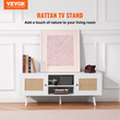 Βάση τηλεόρασης VEVOR Rattan, Ντουλάπι τηλεόρασης Boho για τηλεόραση 55 ιντσών, μοντέρνα βάση τηλεόρασης Mid Century, Κονσόλα τηλεόρασης Rattan με ρυθμιζόμενα ράφια για το σαλόνι, Media Room, Λευκό