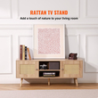 Βάση τηλεόρασης VEVOR Rattan, Ντουλάπι τηλεόρασης Boho για τηλεόραση 55 ιντσών, μοντέρνα βάση τηλεόρασης Mid Century, Κονσόλα τηλεόρασης Rattan με ρυθμιζόμενα ράφια για σαλόνι, αίθουσα πολυμέσων, δρυς