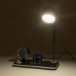 GLOBOSTAR® OLDY 76563 Μοντέρνο Επιτραπέζιο Φωτιστικό Γραφείου με Ασύρματη Φόρτιση 15W 3A, 5W Bluetooth Ηχείο & Ψηφιακό Ρολόι LED 3W 300lm 120° DC 5V με USB-C IP20 Ρυθμιζόμενο Λευκό CCT με Αφή 2700K/4500K/6000K Dimmable - Sanan SMD Chip - Μαύρο - Μ13 x Π25 x Υ43cm - 2 Χρόνια Εγγύηση
