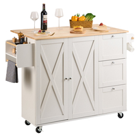 VEVOR Kitchen Island Cart με μασίφ ξύλινη κορυφή, 45,3" πλάτος κινητά καρότσια με ντουλάπι αποθήκευσης, κυλιόμενο τραπέζι κουζίνας με σχάρα μπαχαρικών, σχάρα για πετσέτες, φύλλο και συρτάρι, φορητά νησιά σε ρόδες, λευκό