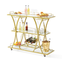 VEVOR Bar Cart Gold, 3 επιπέδων Home Bar Cart σε ρόδες που κλειδώνουν, Rolling Cart Alcohol with Tempered Glass Rail Guarddrail Wine Rack, Modern Cart Wine for Home Kitchen Training and σαλόνι