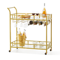 VEVOR Bar Cart Gold, 2 επιπέδων Home Bar Cart σε ρόδες που κλειδώνουν, Rolling Cart Alcohol with Tempered Glass Rack Guarddrail Wine Rack, Modern Cart Wine for Home Kitchen Training and σαλόνι