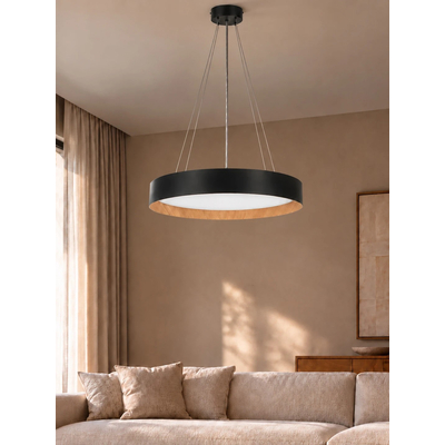 kelvo® RONDO KLV-101-0587 Κρεμαστό Φωτιστικό Οροφής LED 36W 3600lm 120° AC 220-240V IP20 Ρυθμιζόμενο Λευκό CCT με Διακόπτη στο Driver 2700K/4500K/6000K Triac Dimmable - Lumileds SMD Chip & ENEC/TÜV Driver - Μαύρο Ματ & Εφέ Ξύλου - Μ50 x Π50 x Υ7cm - 5 Χρόνια Εγγύηση
