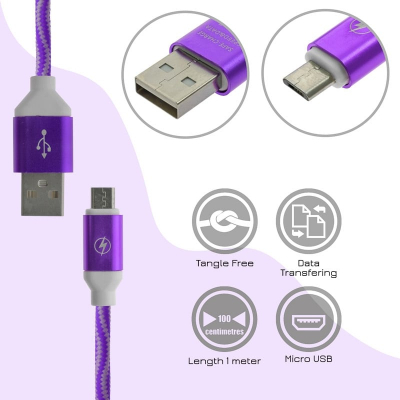 Πλεκτό Καλώδιο Φόρτισης - Δεδομένων Micro Usb Purple 1m