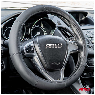 ΚΑΛΥΜΜΑ ΤΙΜΟΝΙΟΥ ΑΠΟ ΤΕΧΝΟΔΕΡΜΑ 37-39CM SWC-48-M ΣΕ ΜΑΥΡΟ ΧΡΩΜΑ ΜΕ ΜΑΥΡΕΣ ΡΑΦΕΣ AMIO - 1 ΤΕΜ.