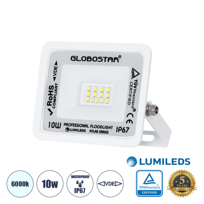 GloboStar® ATLAS 61404 Επαγγελματικός Προβολέας LED 10W 1250lm 120° AC 220-240V - Αδιάβροχος IP67 - Μ10 x Π2 x Υ8cm - Λευκό - Ψυχρό Λευκό 6000K - LUMILEDS Chips - TÜV Rheinland Certified - 5 Years Warranty