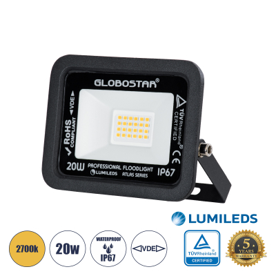 GloboStar® ATLAS 61412 Επαγγελματικός Προβολέας LED 20W 2300lm 120° AC 220-240V - Αδιάβροχος IP67 - Μ12 x Π2.5 x Υ9.5cm - Μαύρο - Θερμό Λευκό 2700K - LUMILEDS Chips - TÜV Rheinland Certified - 5 Years Warranty