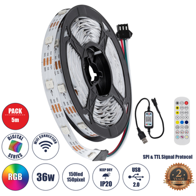 GloboStar® DIGISTRIP 90758 Set Digital Pixel Addressable Strip - Σετ Ψηφιακής Ταινίας 5 Μέτρων με Ψηφιακό Controller & Ασύρματο Χειριστήριο RF & WiFi Mobile APP - LED SMD 5050 36W/5m 150LED/5m 150PIXEL/5m SPI/TTL Protocol 2880lm/m 120° DC 5V με USB 2.0 & WiFi Mobile APP IP20 Πολύχρωμα RGB - Dimmable - Λευκό Σώμα - Μ500 x Π1 x Υ0.2cm - Συσκευασία 5 Μέτρων - 2 Χρόνια Εγγύηση