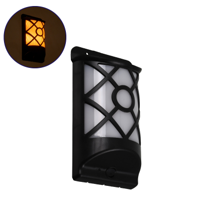 GloboStar® 71457 Αυτόνομο Ηλιακό Φωτιστικό Τοίχου Μαύρο LED SMD 3W 90lm με Ενσωματωμένη Μπαταρία 300mAh - Εφέ Φλόγας Flame Effect - Φωτοβολταϊκό Πάνελ με Αισθητήρα Ημέρας-Νύχτας IP65 Θερμό Λευκό 2200K