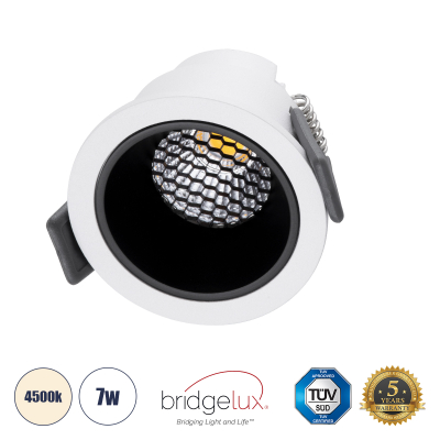 GloboStar® PLUTO-S 60246 Χωνευτό LED Spot Downlight TrimLess Φ6.4cm 7W 910lm 38° AC 220-240V IP20 Φ6.4 x Υ4.9cm - Στρόγγυλο - Λευκό με Μαύρο Κάτοπτρο & Anti-Glare HoneyComb - Φυσικό Λευκό 4500K - Bridgelux COB - 5 Years Warranty