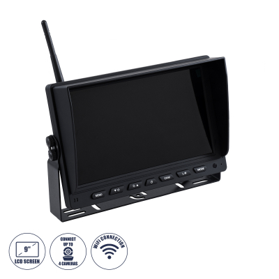 GloboStar® 86069 Έγχρωμη Οθόνη 9 WiFi για Αυτοκινητο - Φορτηγό DC 12-24V - για Σύνδεση έως 4 WiFi Κάμερες 1080P HD Οπισθοπορείας - Μαύρο