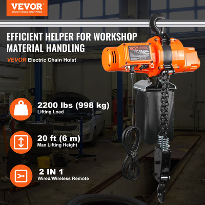 VEVOR Electric Chain Hoist Μονοφασικό ανυψωτικό γερανού 2200 lbs Φορτίο 20 ft Ανύψωση | VEVOR GR