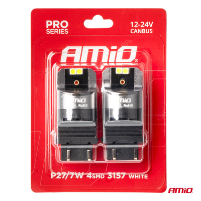 ΛΑΜΠΕΣ P27/7W 12/24V 6.000K 4SMD LED CAN-BUS ΛΕΥΚΑ PRO SERIES AMIO - 2 ΤΕΜ.