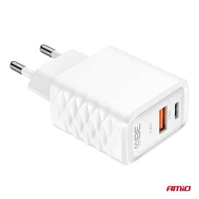 ΦΟΡΤΙΣΤΗΣ ΜΕ ΟΙΚΙΑΚΗ ΠΡΙΖΑ ΜΕ 2 ΘΥΡΕΣ USB-A+USB-C 38W 100-240V ΛΕΥΚΟ AMIO - 1 Τεμ.