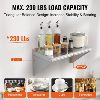 VEVOR 12&quot; x 24&quot; ράφι από ανοξείδωτο χάλυβα, επιτοίχια πλωτά ράφια με βραχίονες, εμπορικά ράφια χωρητικότητας 230 lbs, ράφι αποθήκευσης βαρέως τύπου για εστιατόριο, κουζίνα, μπαρ, σπίτι και ξενοδοχείο