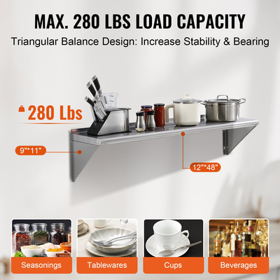 VEVOR 12&quot; x 48&quot; ράφι από ανοξείδωτο χάλυβα, επιτοίχια πλωτά ράφια με βραχίονες, εμπορικά ράφια χωρητικότητας 280 lbs, ράφι αποθήκευσης βαρέως τύπου για εστιατόριο, κουζίνα, μπαρ, σπίτι και ξενοδοχείο