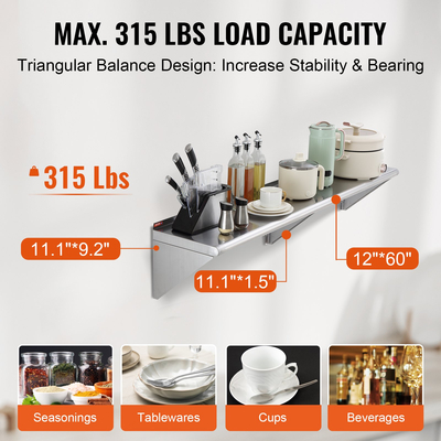 VEVOR 12&quot; x 60&quot; ράφι από ανοξείδωτο χάλυβα, επιτοίχια πλωτά ράφια με βραχίονες, εμπορικά ράφια χωρητικότητας 315 lbs, ράφι αποθήκευσης βαρέως τύπου για εστιατόριο, κουζίνα, μπαρ, σπίτι και ξενοδοχείο