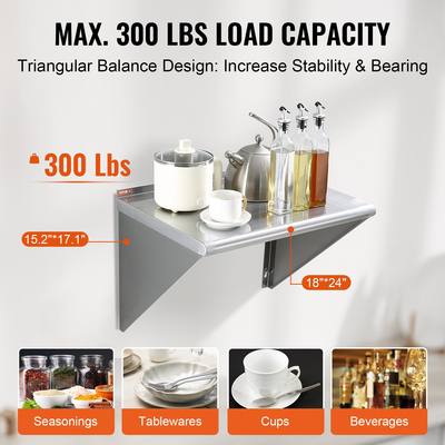 Ράφι VEVOR 18&quot; x 24&quot; από ανοξείδωτο χάλυβα, επιτοίχια πλωτά ράφια με βραχίονες, εμπορικά ράφια χωρητικότητας 300 lbs, ράφι αποθήκευσης βαρέως τύπου για εστιατόριο, κουζίνα, μπαρ, σπίτι και ξενοδοχείο