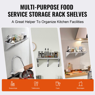 Ράφι VEVOR 18&quot; x 60&quot; από ανοξείδωτο χάλυβα, επιτοίχια πλωτά ράφια με βραχίονες, εμπορικά ράφια χωρητικότητας 450 lbs, ράφι αποθήκευσης βαρέως τύπου για εστιατόριο, κουζίνα, μπαρ, σπίτι και ξενοδοχείο