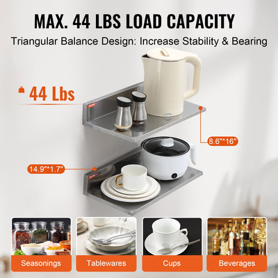 Ράφι VEVOR 8,6&quot; x 16&quot; από ανοξείδωτο ατσάλι, επιτοίχια πλωτά ράφια με οπίσθιο ψεκασμό, εμπορικά ράφια χωρητικότητας 44 lbs, ράφι αποθήκευσης βαρέως τύπου για εστιατόριο, κουζίνα, μπαρ, σπίτι και ξενοδοχείο