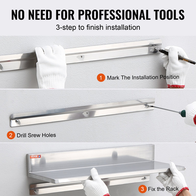 Ράφι VEVOR 8,6&quot; x 16&quot; από ανοξείδωτο ατσάλι, επιτοίχια πλωτά ράφια με οπίσθιο ψεκασμό, εμπορικά ράφια χωρητικότητας 44 lbs, ράφι αποθήκευσης βαρέως τύπου για εστιατόριο, κουζίνα, μπαρ, σπίτι και ξενοδοχείο