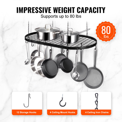 Κρεμαστό ράφι κατσαρόλας VEVOR, 32 ιντσών ράφι για κατσαρόλες, Βάση οροφής, σχάρα για κατσαρόλες οροφής με γάντζους 12 S, βάρος φόρτωσης 80 λίβρες, Ιδανικό για σπίτι, εστιατόριο, μαγειρικά σκεύη κουζίνας, σκεύη