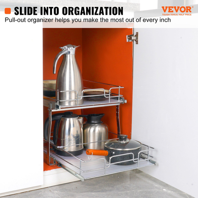 VEVOR 2 Tier 16&quot; W x 21&quot; D Pull Out Organizer Ντουλάπας, Ράφια βαρέως τύπου Slide Out, Συρτάρια από επιχρωμιωμένο ατσάλι, Συρτάρια αποθήκευσης συρταριών για εσωτερικό ντουλάπι κουζίνας, μπάνιο, κάτω από νεροχύτη