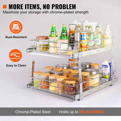 VEVOR 2 Tier 19&quot;W x 20&quot;D Pull Out Organizer ντουλαπιών, Heavy Duty Slide Out Pantry ράφια, συρτάρια από επιχρωμιωμένο χάλυβα, συρόμενο συρτάρι αποθήκευσης για εσωτερικό ντουλάπι κουζίνας, μπάνιο, κάτω από νεροχύτη