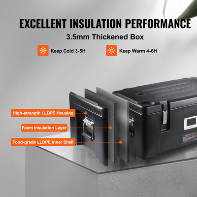 Βάση μεταφοράς φαγητού VEVOR με μόνωση, χωρητικότητας 36 Qt, Στοιβαζόμενη Hot Box Catering με 3 τηγάνια από ανοξείδωτο χάλυβα, Θερμαντήρας φαγητού LLDPE Top Load με ελαστικές πλαϊνές λαβές και πόρπες, για καντίνα εστιατορίου, μαύρο