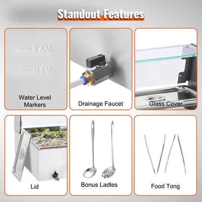 VEVOR Commercial Electric Food Warner Countertop Buffet 9*5Qt with Glass Shield