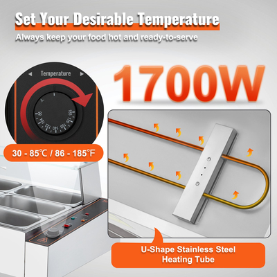 VEVOR Commercial Electric Food Warner Countertop Buffet 12*5Qt with Glass Shield