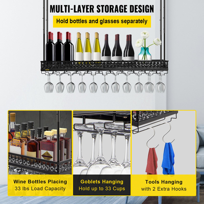 Ράφι οροφής VEVOR για ποτήρι κρασιού, 46,9 x 13 ιντσών κρεμαστή σχάρα για ποτήρι κρασιού, 18,9-35,8 ίντσες ρυθμιζόμενο ύψος κρεμαστή κρεμαστή θήκη κρασιού, Μαύρη επιτοίχια σχάρα για ποτήρια κρασιού, ιδανική για κουζίνα μπαρ καφέ