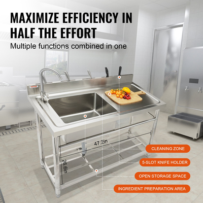Βοηθητικός νεροχύτης από ανοξείδωτο ατσάλι VEVOR, Σετ επαγγελματικού νεροχύτη κουζίνας μονό μπολ με δωρεάν πάγκο εργασίας, 47 x 19,7 x 37,4 σε επαγγελματικούς νιπτήρες για γκαράζ, εστιατόριο, πλυντήριο, NSF