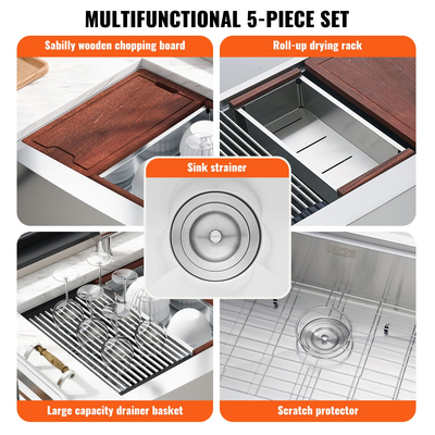 Νεροχύτης κουζίνας VEVOR Farmhouse, νεροχύτες από ανοξείδωτο ατσάλι 304, νιπτήρας μονής βάσης στο επάνω μέρος με προεξοχή και αξεσουάρ, νεροχύτες οικιακού πλυντηρίου πιάτων για σταθμό εργασίας, προετοιμασία κουζίνας και νεροχύτης μπαρ, 30 ιντσών