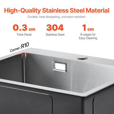 VEVOR 55cm Νιπτήρας Κουζίνας Πάνω Στήριγμα Μονό Μπολ Λεκάνης Πτώσης Μπάρα από ανοξείδωτο ατσάλι