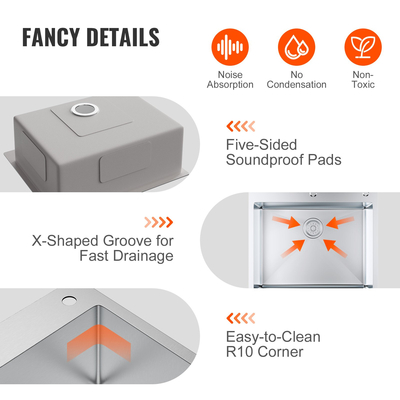 Νεροχύτης κουζίνας VEVOR, 304 νεροχύτες από ανοξείδωτο ατσάλι, νιπτήρας μονής τοποθέτησης στο επάνω μέρος με αξεσουάρ (συσκευασία 2), νεροχύτες οικιακού πλυντηρίου πιάτων για σταθμό εργασίας, RV, προετοιμασία κουζίνας και νεροχύτης μπαρ, 25 ιντσών