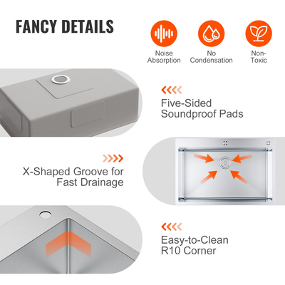 Νεροχύτης κουζίνας VEVOR, 304 νεροχύτες από ανοξείδωτο ατσάλι, νιπτήρας μονής τοποθέτησης στο επάνω μέρος με αξεσουάρ (συσκευασία 3), νεροχύτες οικιακού πλυντηρίου πιάτων για σταθμό εργασίας, RV, προετοιμασία κουζίνας και νεροχύτης μπαρ, 33 ιντσών