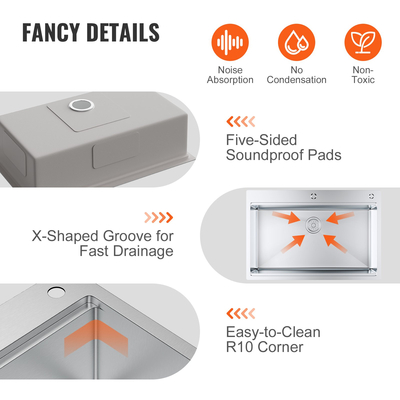 Νεροχύτης κουζίνας VEVOR, νεροχύτες από ανοξείδωτο ατσάλι 304, νιπτήρας μονής βάσης στο επάνω μέρος με προεξοχή και αξεσουάρ, νεροχύτες οικιακού πλυντηρίου πιάτων για σταθμό εργασίας, RV, προετοιμασία κουζίνας και νεροχύτης μπαρ, 33 ιντσών