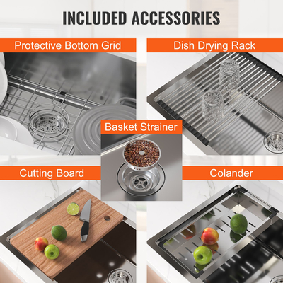 Νεροχύτης κουζίνας VEVOR, νεροχύτες από ανοξείδωτο ατσάλι 304, νιπτήρας μονής μπολ κάτω από την τοποθέτηση με προεξοχή και αξεσουάρ, νεροχύτες οικιακού πλυντηρίου πιάτων για σταθμό εργασίας, RV, προετοιμασία κουζίνας και νεροχύτης μπαρ, 30 ιντσών