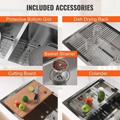 Νεροχύτης κουζίνας VEVOR, νεροχύτες από ανοξείδωτο ατσάλι 304, νιπτήρας διπλού μπολ κάτω από την τοποθέτηση με προεξοχή και αξεσουάρ, νεροχύτες οικιακού πλυντηρίου πιάτων για σταθμό εργασίας, RV, προετοιμασία κουζίνας και νεροχύτης μπαρ, 33 ιντσών