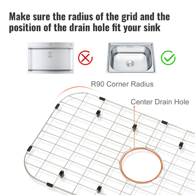 Πλέγμα προστασίας νεροχύτη VEVOR, σχάρες νεροχύτη από ανοξείδωτο χάλυβα 26&quot;x14&quot;, κεντραρισμένες σχάρες νεροχύτη αποστράγγισης με γωνιακή ακτίνα R90, μεγάλα πλέγματα κάτω μέρος νεροχύτη, αξεσουάρ νιπτήρα νιπτήρα γενικής χρήσης για μπολ για νεροχύτη κουζίνας, ασημί