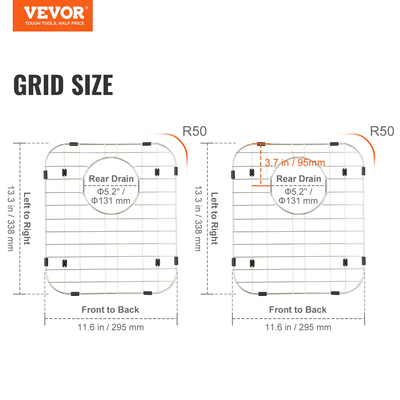 VEVOR Sink Protector Grid 2PCS, 13,3&quot;x11,6&quot; ανοξείδωτες σχάρες νεροχύτη, πίσω σχάρες νεροχύτη αποστράγγισης με γωνιακή ακτίνα R50, μεγάλα πλέγματα κάτω νεροχύτη, αξεσουάρ νεροχύτη γενικής χρήσης για νιπτήρα κουζίνας