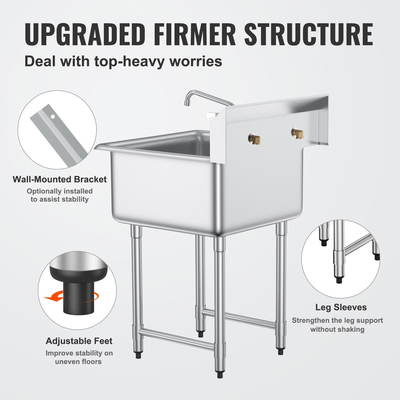VEVOR Ανοξείδωτος Νεροχύτης Προετοιμασίας &amp; Βοηθητικός, Μικρός Νεροχύτης 1 Διαμερίσματος Ελεύθερος Με Βρύση &amp; πόδια, Εμπορικοί νιπτήρες μονό μπολ 27&quot;x41&quot; για γκαράζ, εστιατόριο, κουζίνα, πλυντήριο ρούχων, πιστοποίηση NSF