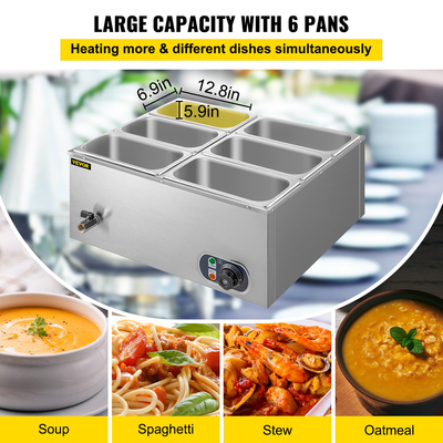 VEVOR Countertop Food Warner 6-Pan Commercial Food Warmer 850W Electric Countertop Steam Τραπέζι 15cm/6inch Βαθύς ανοξείδωτος χάλυβας Bain Marie Μεγάλης χωρητικότητας 7 Quart για κέτερινγκ σε μπουφέ